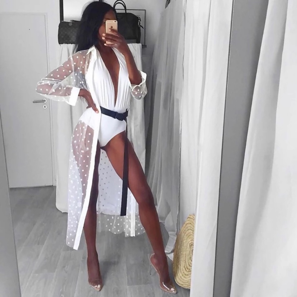 White Sheer Polka Dot Collared Long Sleeve Coverup - Picture 2 of 3